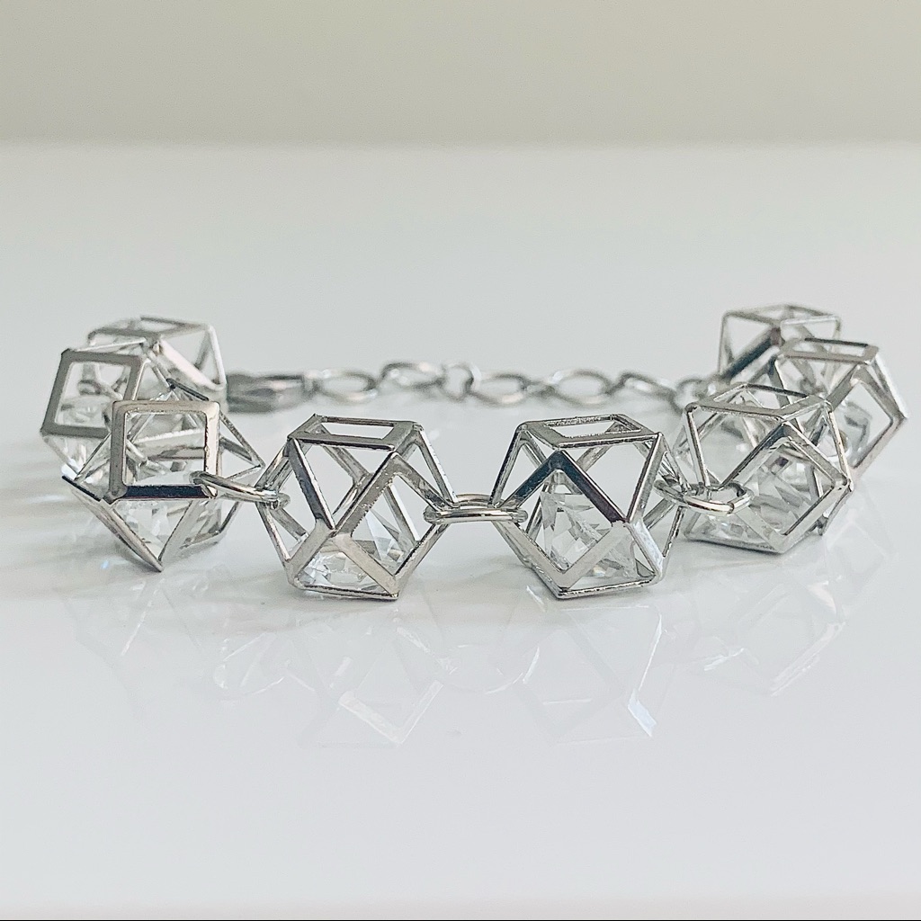 Silver Hollow Multi-Shaped 3d Bracelet W/ Clear Crystals